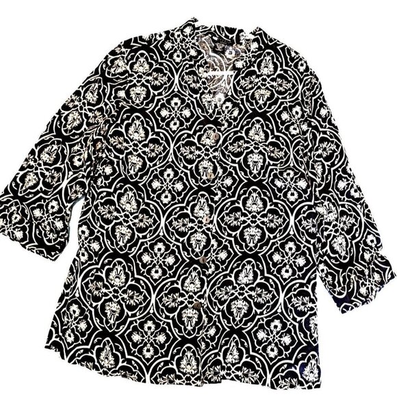 Carole Little Woman 1X Linen Button Up V-Neck Mandarin Collar 3/4 Sleeve Top - Picture 1 of 9